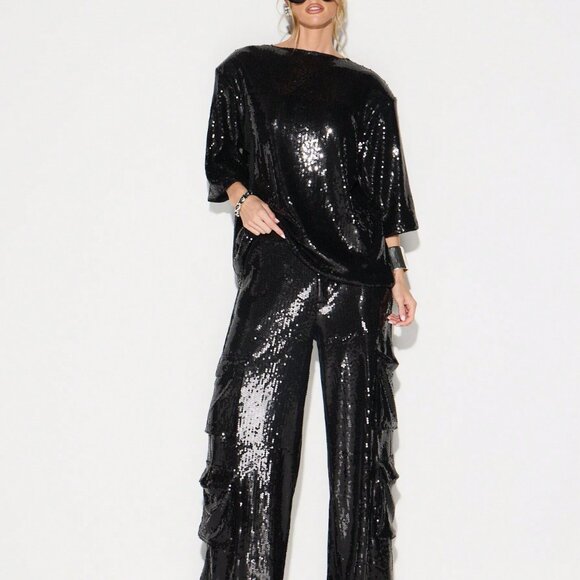 Black Sequin Party Women's Oversized short sleeved  T-Shirt Top Holiday Style - Picture 5 of 6